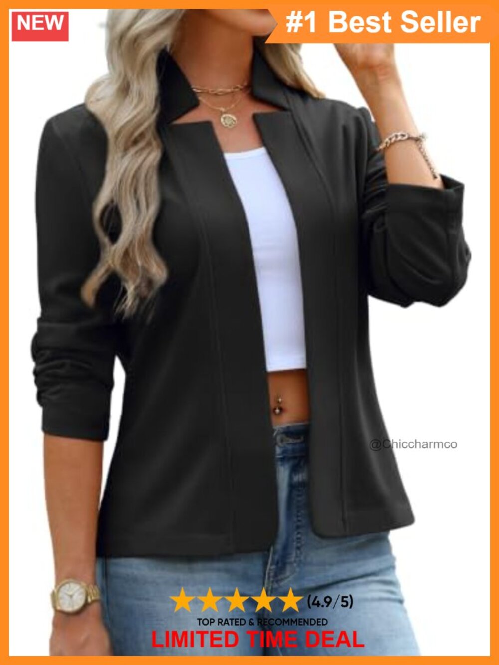 Knit Blazer Open Front Business Casual Jacket Slim Fit Stretch